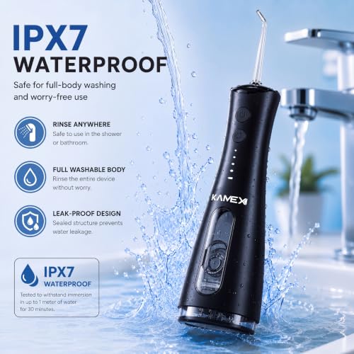 Image of KAMEX Cordless Water Flosser for Teeth Cleaning: Portable Oral Irrigator with 300ML Tank, 5 Jet Tips, 4 Modes, 40-120 PSI, IPX7 Waterproof, Rechargeable Dental Water Pick for Braces & Sensitive Gums