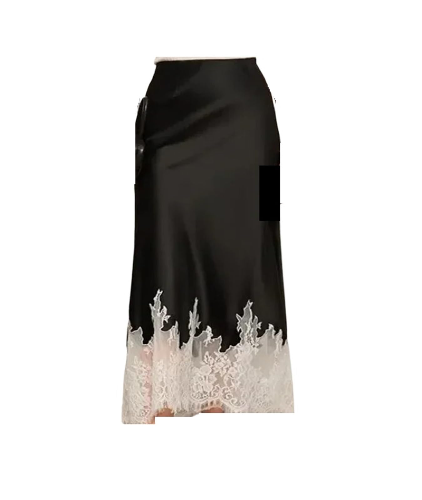 ZRHWSPD Satin Skirt Elegant Satin Long Skirts for Women Patchwork Lace Hem Waist Maxi Skirt Temperament Ladies Skirt(Black,M)