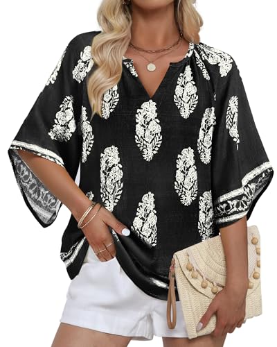 bebonnie womens 34 sleeve v neck bohemian peasant blouses casual loose fit tunic tops