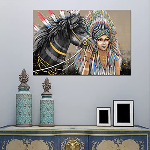 Indian Paintings For Wall Decorations Native American Women With Horse Print On Canvas Chief Vintage Picture Wall Art For Living Room Bedroom Frame Ready To Hang 24"X36" #TOP3