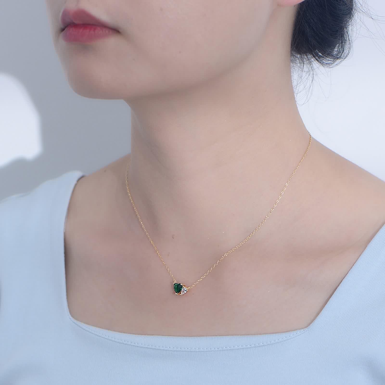 Collana con Ciondolo A Cuore, Collane Donna Catena Verde Smeraldo Creato In Laboratorio Catenina Oro Giallo 9K/14K/18K con Moissanite 40+5cm