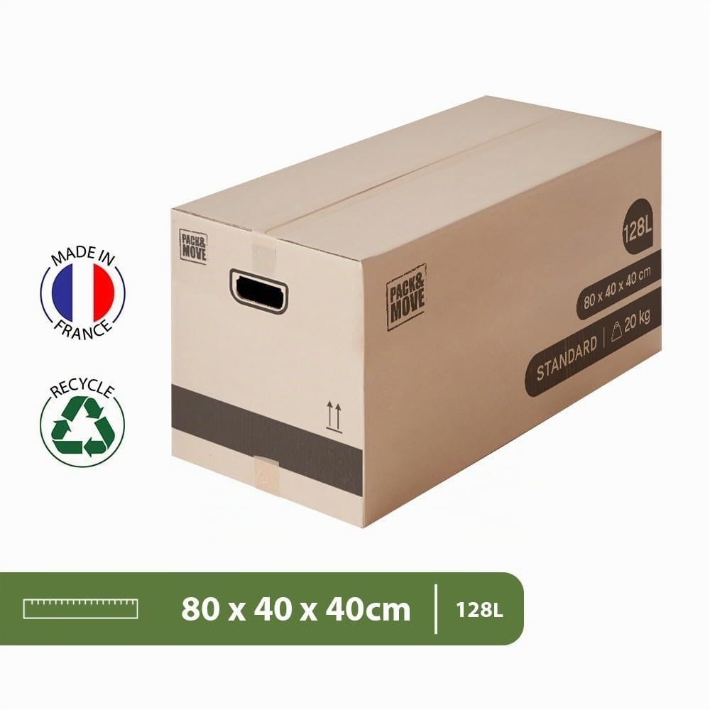 Pack and Move - Lot 30 cartons déménagement stockage XL - 80 x 40 x 40 cm - Poignées renforcées - 2 adhésifs offerts