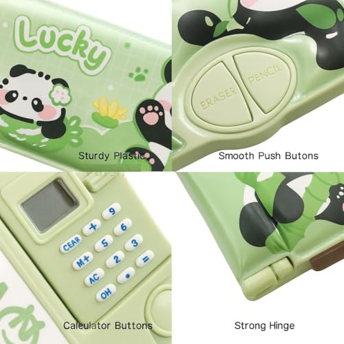 Image of Umadiya Magnetic Multifunctional School Pencil Box with Calculator Cute Cartoon Stationary Large Capacity Compass Geometry Kids Scissor Ruler Eraser Magnetic Box Best Gifts (Panda Calculator)
