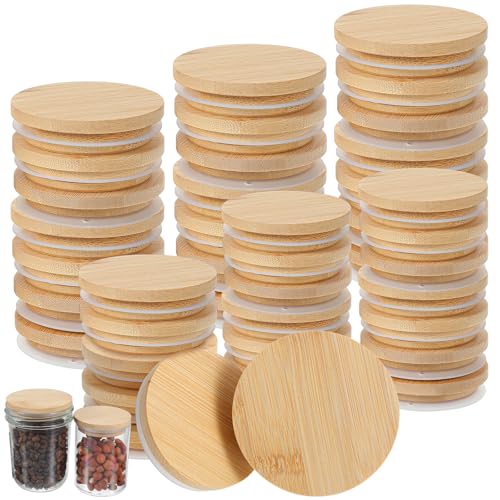 Afcabakila 40 Pcs Bamboo Mason Jar Lids Reusable Natura Wooden Storage Canning Lids with Silicone Ring 20pcs Regular Mouth 20pcs Wide Mouth Home Kitchen Container Covers Food Grade Fit and Airtight