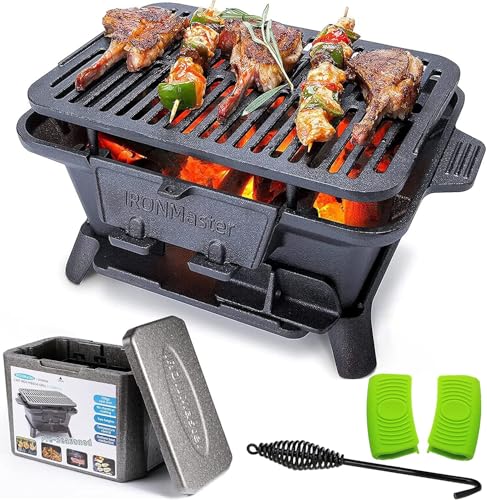 IronMaster Hibachi Grill Outdoor, Small Portable Charcoal Grill, 100% Pre-Seasoned Cast Iron, Japanese Yakitori Camping Grill - 2 Heights, Air Control, Coal Door + Carrying case