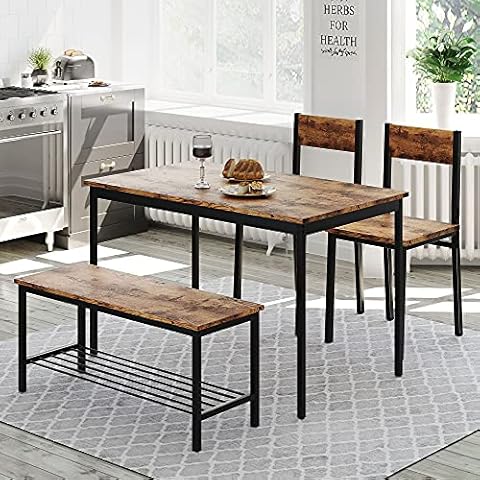 Large Dining Table and Chair Sets with Storage Rack, Industrial 4-Piece Dining Table with 1 Bench and 2 Chairs for Home Kitchen, Wooden and Steel Frame, Space Saving, Rustic Brown Cover