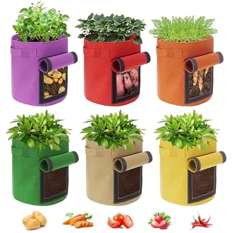 Ohiyoo 6 Pack 10 Gallon Potato Grow Bags with Flap, Potato Growing Bags Garden Planting Bag with Handle, Nonwoven Fabric Vegetables Grow Bags for Potato Tomato Carrot Onion (10 Gallon) Cover