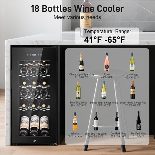Image of Tylza 18 Bottles Wine Fridge, Wine Cellar with Powerful Compressor, LED Touchscreen, Low-E Tempered Glass Door, Lock, Wine Cooler Refrigerator for Red, White, Champagne or Sparkling Wine, Black