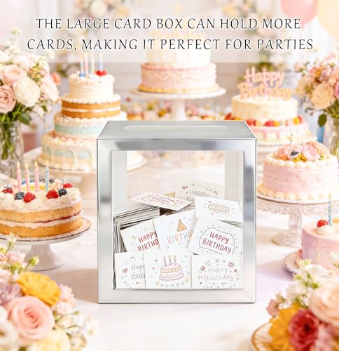Image of SietDESEO Silver Card Box for Party with Clear Window Large Gift Card Box Holder for Wedding Reception Birthday Graduation Baby Shower Raffle Ticket Box