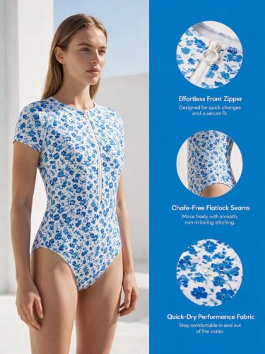 Image of CUPSHE Women's Rash Guard One Piece Swimsuit Short Sleeve Zip Up