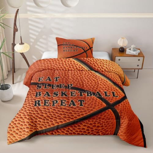 Image of Feelyou Basketball Comforter Set Twin Size Ball Pattern Bedding Set for Kids Boys Girls Eat Sleep Sports Theme Duvet Quilt Bedroom Decor Microfiber 2 Pcs with 1 Pillow Case