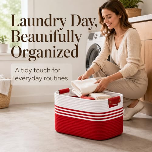 Image of 25.4GAL Collapsible Cotton Rope Extra Large Storage Basket For Bedroom Closet, Boho Rectangular Big Short Hamper Woven Storage Baskets for Living Room Throw Pillows Blankets Dirty Clothes,White Red