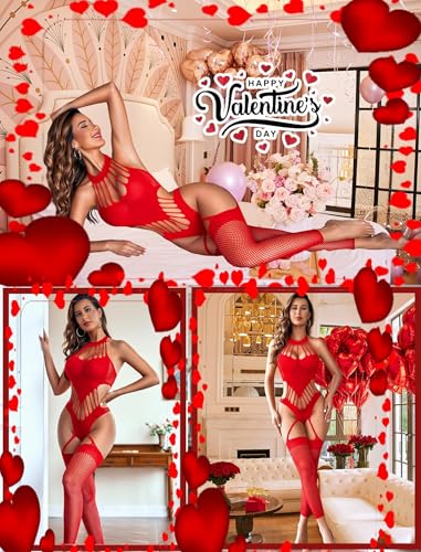 Image of GirlFriend Hot Women's Lingerie Set - Lace Babydoll Outfits 1 Piece Fishnet Bodysuit with attached Mini Skirt with Stockings Babydoll