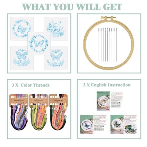 Image of GLTAYLMY 3 Sets Butterfly Embroidery Starter Kit for Beginners Flower Stamped Cross Stitch Kits with Instructions for Beginners Adults Include Embroidery Hoop Threads and Needles