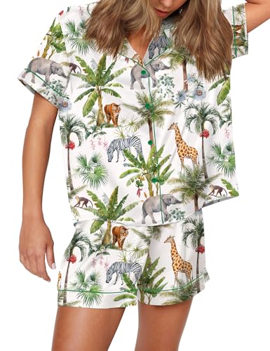Image of SHESHOW Satin Pajamas for Women Set Preppy Animals Pjs Short Sleeve Shorts 2 Piece Loungewear Sets XS-XXL