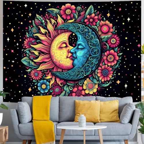 Generleo Sun And Moon Tapestry Trippy Flower Tapestry Hippie Boho Floral Plant Tapestry Vintage Aesthetic Black Star Background Tapestry Mystic Starry Night Sky Tapestry Wall Hanging For Bedroom Dorm thumb #2