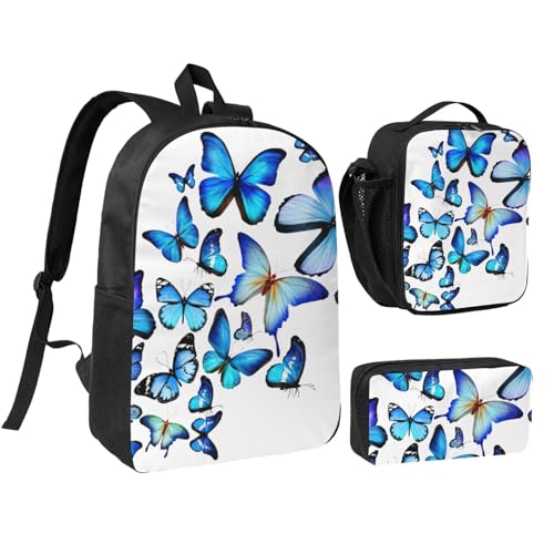 Sac à dos d'école bleu papillon léger pour soulager le dos avec trousse et lunchbox