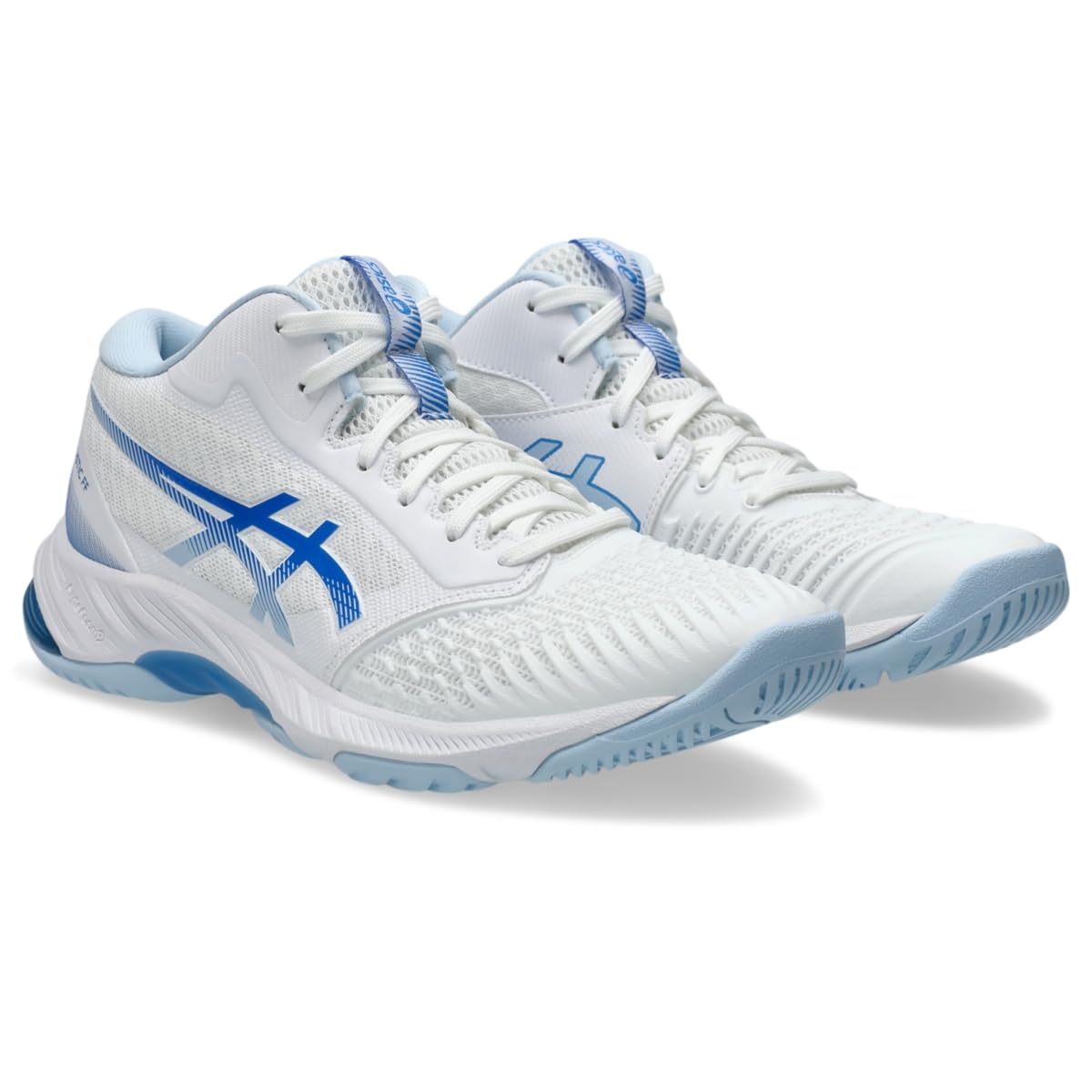 ASICS Women's Netburner Ballistic FlyteFoam Mid Top 3 Volleyball Shoes, 8.5, White/Blue Coast