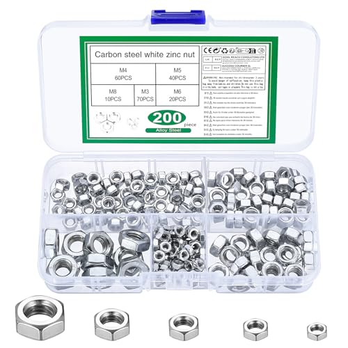 200 Stück Sechskantmuttern M3 M4 M5 M6 M8 Sechskant Muttern Sortiment, Sicherungsmuttern Kohlenstoffstahl, Stoppmuttern Set, Selbstsichernde Muttern für Schrauben Unterlegscheiben Gewindestangen