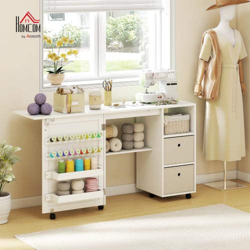 Miniatura 2 de Homcom Mesa De Costura Plegable Con 6 Ruedas, Mueble Para Máquina De Coser Con 18 Clavijas Para Hilos, 2 Cajones De Tela, 3 Compartimentos, Tomas Corriente Armario De Costura Para Estudio Salón Blanco