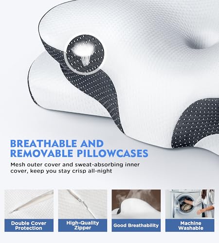 Image of Osteo Sustained Cervical Health Neck Pillow, Contour Zoned Design Ergonomic Pillow for Pain Relief, No-Temperature Affected Memory Foam Pillows, Cooling Pillow Support Side, Back, Stomach Sleeper