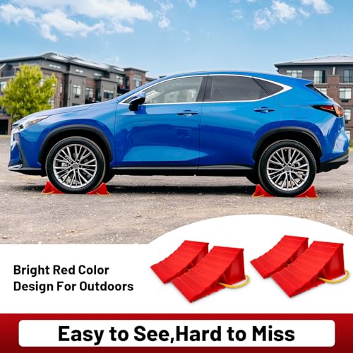 Image of HOXWELL 2 Pair Wheel Chocks for Travel Trailers, Non Slip Heavy Duty Red Wheel Chock with Rope, Lightweight Wheel Stoppers for Cars Campers Trucks RVs, Easy to Carry & Suitable for Most Tyre Sizes