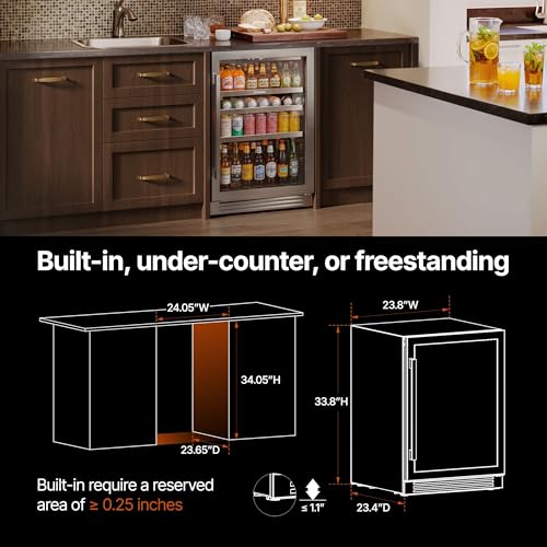 Image of Ca'Lefort Beverage Refrigerator Cooler - 24 Inch Beverage Fridge Under Counter 180 Can with Glass Door, Freestanding or Built-in with 3 Color LED, Drink Cooler for Beer Soda or Wine (Right-Hinged)