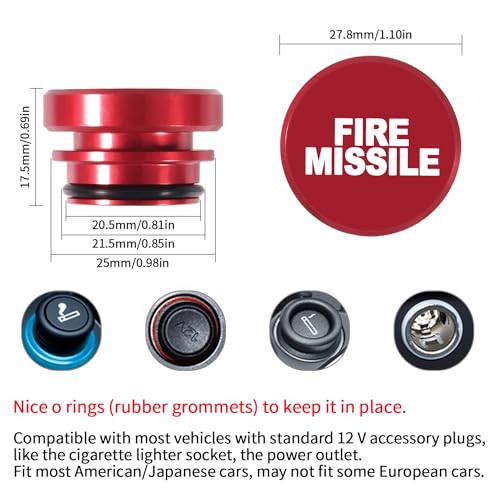 Image of Aokin Cigarette Lighter Cover, Aluminum Dustproof Car Cigarette Lighter Plug Parts Auto Accessories Fits Most Vehicles, Autos, Trucks, Boats Standard 12 Volt Power Source, Fire Missile Red