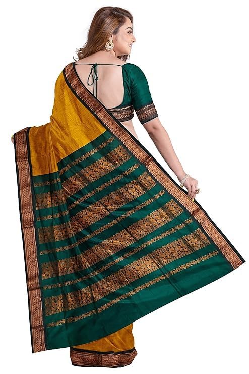 Image of Women's Premium Kanjivaram Cotton Silk Saree South Indian Paithani Sari | Gadwal Cotton Sarees Zari Border with Blouse Piece - Elegant Wedding & Festival Saree | Lightweight & Comfortable Gold 01