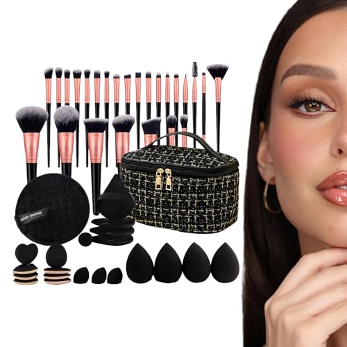 Juego De Brochas De Maquillaje - Brochas Para Polvos, Rubor y Base De Maquillaje - Estuche De Viaje Elegante y Organizador Para Mujer, Hija o Esposa