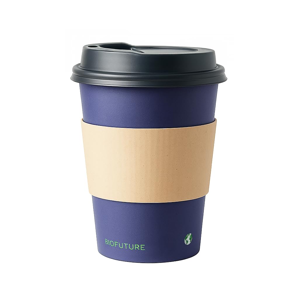 BIOFUTURE 50 x 16oz Takeaway Disposable Coffee Cups with Black Lids and Sleeves – EN 13432 Certified, Biodegradable and Compostable Paper Cups for Coffee, Tea, and Hot Drinks (Blue)