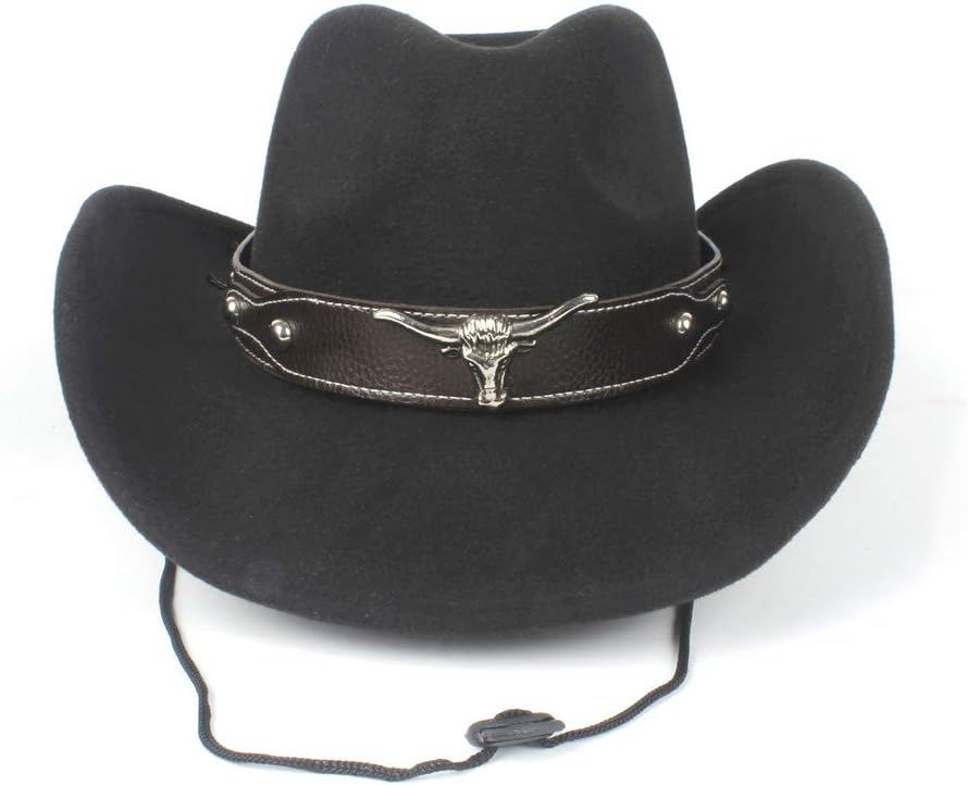 FeiNianJSh With Bull Band Fashion Women Men Wool Hollow Western Cowboy Hat Casual Winter Autumn Warm Church Trilby For Gentleman Roll Up Brim Sombrero Cap Dad Hat Size 58CM