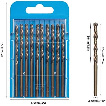 HPMAISON 10pcs M35 HSS Gold Cobalt Jobber Drill Bit Set, Metric High Speed Steel Twist Drill Bit Set 3.5mm x 70mm for Drilling Stainless & Hard Steels, Cast Iron, Copper, Aluminum, Wood & Plastic