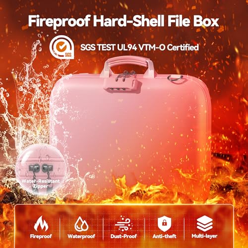 Image of Nacial Fireproof Document Box with Lock & Shoulder Strap, Hard-Shell Fireproof File Organizer with 13 Pocket Accordion File Folder, Portable Safe Storage for Important Documents, Laptop, Pink