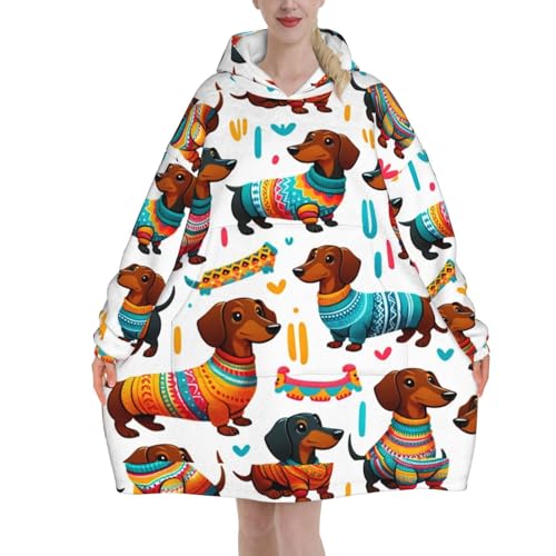 Oversized Flannel Wearable Blanket Hoodie For Adult Dachshund-In-Colorful-Sweaters Soft Fuzzy Hooded Lounging Pullover