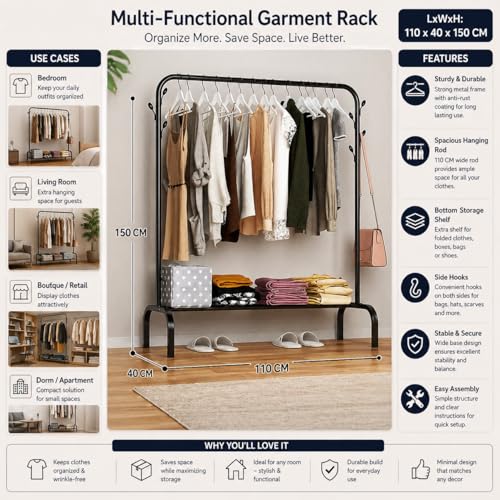 Image of Mevigo Heavy Duty Metal Clothing Rack with Storage Shelf | Freestanding Garment Organizer for Clothes, Shoes & Bags | Modern Wardrobe Rack for Bedroom, Entryway & Laundry Room (Matt-Black, 2-Tier)