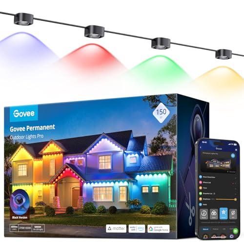 Image of Govee Permanent Outdoor Lights Pro, 150ft with 90 RGBIC LED Lights for Daily and Accent Lighting, 75 Scene Modes for Patio Decor, IP67 Waterproof, Works with Alexa, Google Assistant, Matter, Black