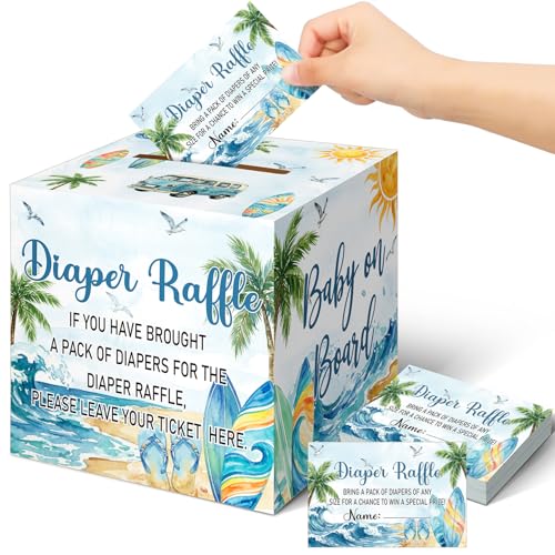 Image of Teling 51 Pieces Diaper Raffle Tickets with Card Box,Surf, Baby on Board