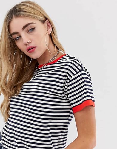 Image of Womens Short Sleeve Striped Color Block Crew Neck Sweater Shirt Lightweight Cotton Casual Summer Pullover Tops