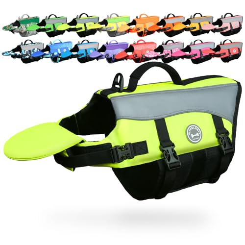 VIVAGLORY Front Float Dog Life Vest, Dog Life Jacket for Swimming & Boating, Swimming Vest with Chin Float & Handle, Ripstop & Buoyancy for Puppy Doggy, M, Bright Yellow