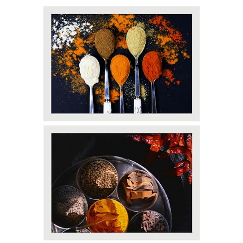 Nacnic Set De 2 Cuadros De Cocina Con Especias Picantes Y Condimentos Coloridos De Comida Para Cocinar Ilustración Impresa Para Decorar Cocina, Despensa, Comedor, Restaurante A4 Marco Blanco