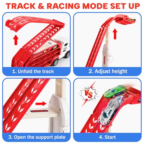 Image of BainGesk Truck Car Toys for 3, 4, 5, 6 Years Old Boys Girls, 25 in Race Track Truck Toys, Foldable 2 Layer Carrier Transport Car with 6 Metal Cars, Birthday Toys Gifts for Toddler