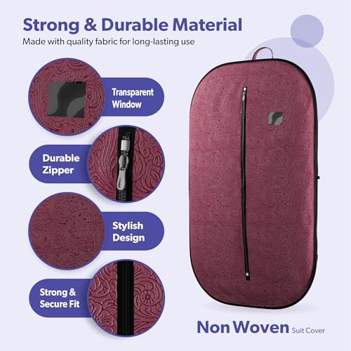 Image of Kuber Industries 6 Pcs Non Woven Blazer Cover with Zip | Hanging Coat Bags for Jacket, Saree, Shirt, Garments Clothes | Unisex Dress Wardrobe Organizer Folding Suit Covers | Emboosed - Maroon