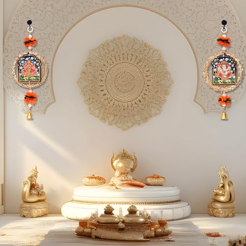 Image of Akaar Decor Lakshmi Ganesha Hanging Wall Decor Set of 2 | Traditional Diwali Decoration for Home Entrance, Pooja Room & Temple | Floral Hanging with Bell & Golden Wreath Design