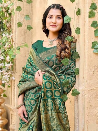 Image of Satrani Women's Silk Banarasi Weaving Saree with Unstitched Blouse Piece