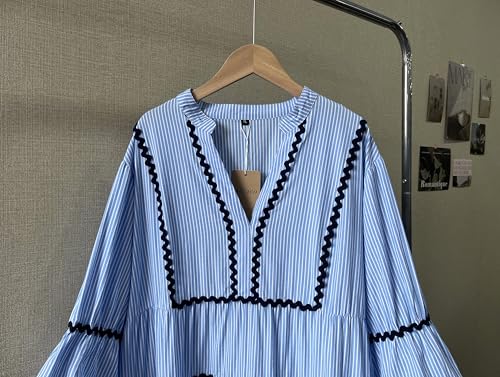 utcoco Women's Summer Beach Vacation Boho Striped RIC Rac Dress Flutter 3/4 Sleeve Tiered A Line Flowy Long Dress2