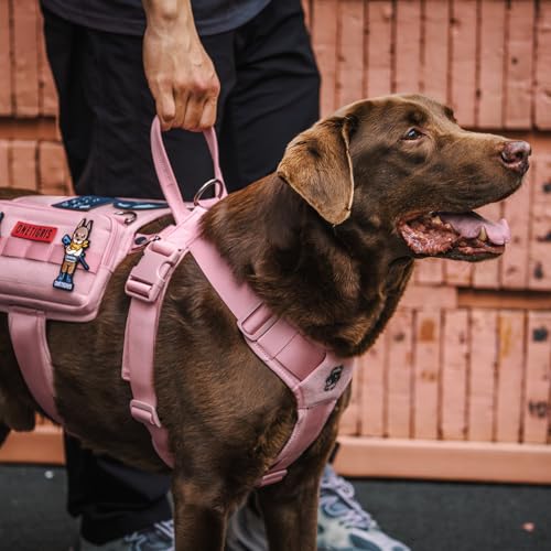 OneTigris Service Hundegeschirr, Guardian Geschirr mit 3 Edelstahl D-Ringen und Großer Kapazität Tasche, Sicherheitsgeschirr für Mittelgroße Große Hunde Rosa,M