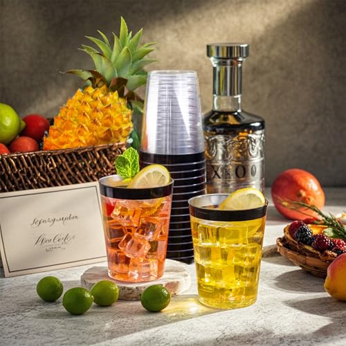 Image of DaYammi 100 Pack Black Plastic Cups 10Oz Clear Disposable Cups with Black Rim, Clear Cocktail Cup Heavy Duty Disposable Wine Glasses Disposable Fancy Plastic Cups for Party Wedding