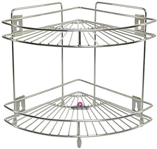 Improvhome Made in India Stainless Steel Chrome finish Wall Mount Corner 2 Layer Corner Storage Rack/Shelf