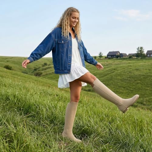 Image of Modatope Rounded Toe Flat Stretchy Dress Knee High Boots Side Zipper